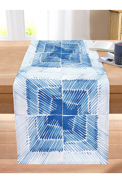 Realhomes Blue Checkered Illustrated Digital Printed Modern Stitched Raschel Knitted Runner
