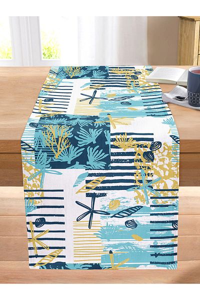 Realhomes Digital Printed Modern Stitched Raschel Knitted Runner with Colorful Sea Motifs on White Background