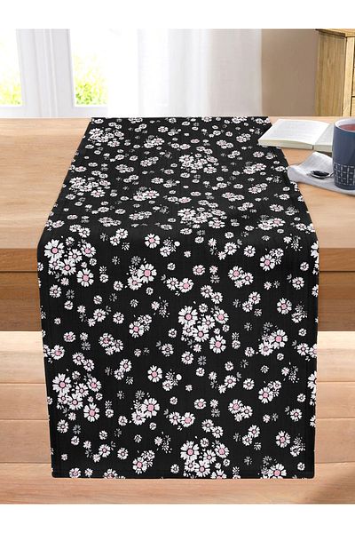 Realhomes White Flowers on Black Background Digital Printed Stitched Raschel Knitted Runner