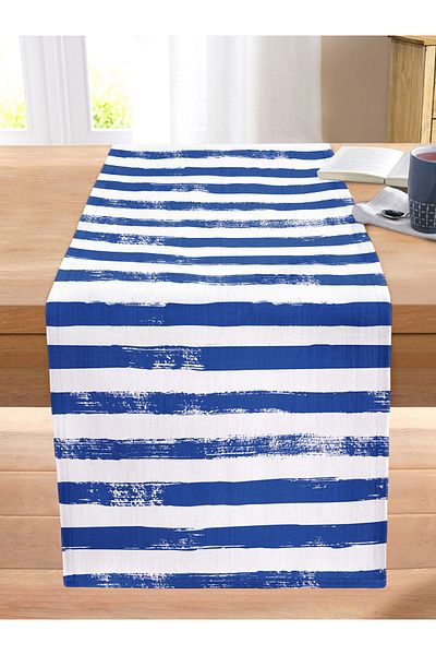 Realhomes Dark Blue Striped Motif Decorative Modern Stitched Raschel Knitted Runner