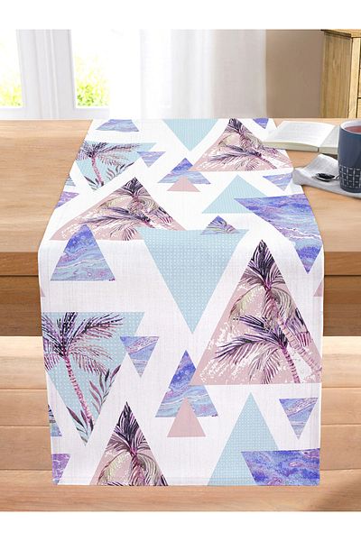 Realhomes Blue Geometric Shaped Palm Motif Digital Printed Stitched Raschel Knitted Runner