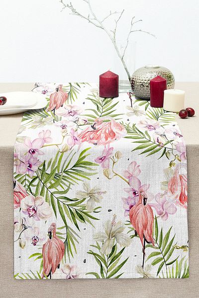 Realhomes Digital Printed Modern Stitched Raschel Knitted Runner with Flowers and Flamingo Motifs on White Background