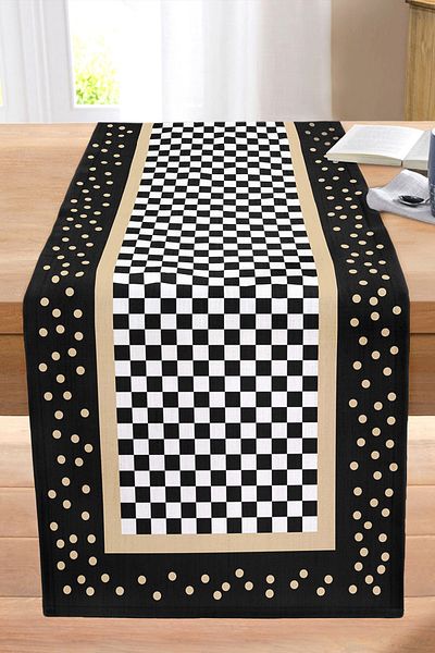 Realhomes Black Checkerboard Motif Digital Printed Stitched Raschel Knitted Runner