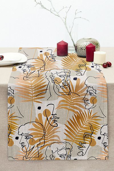 Realhomes Stitched Raschel Knitted Runner with Ancient Greek God Pattern on Tropical Gold Leaves