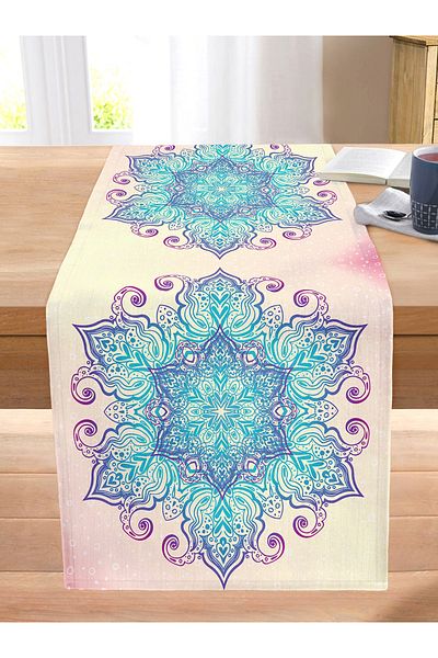 Realhomes Modern Stitched Raschel Knitted Runner with Blue Mandala Drawing on Pink Background