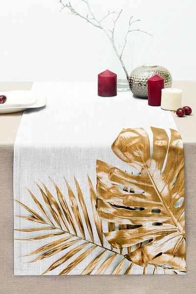 Realhomes 3D Gold Colored Leaves Themed Modern Stitched Raschel Knitted Runner