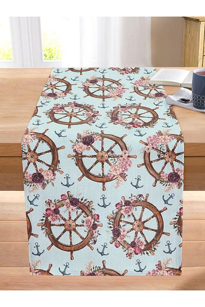 Realhomes Mint Green Backgrounded Rudder Designed Digital Printed Decorative Stitched Raschel Knitted Runner
