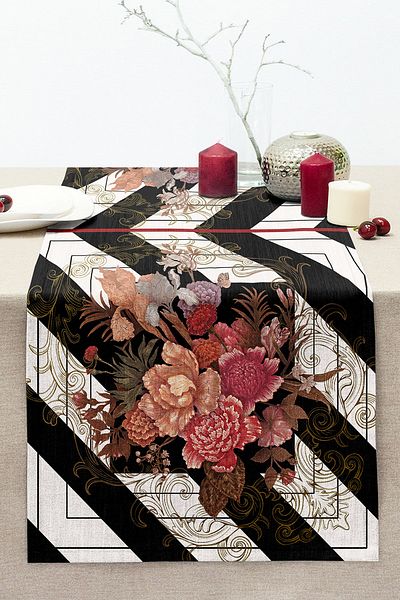 Realhomes Flowers on Black and White Background Special Design Digital Printed Modern Stitched Raschel Knitted Runner