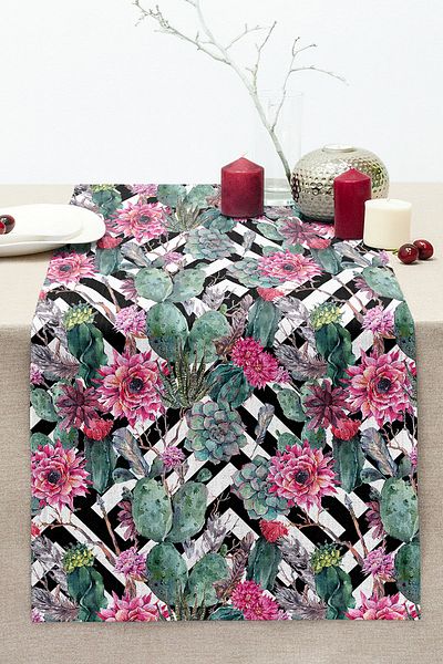 Realhomes Black and White Striped Tropical Cactus Motif Modern Stitched Raschel Knitted Runner