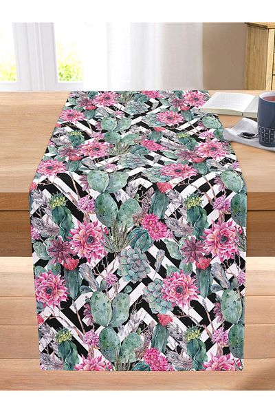Realhomes Black and White Striped Tropical Cactus Motif Modern Stitched Raschel Knitted Runner