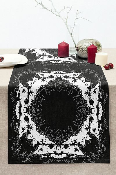 Realhomes Square Mandala Patterned Special Design Stitched Raschel Knitted Runner on Black Background