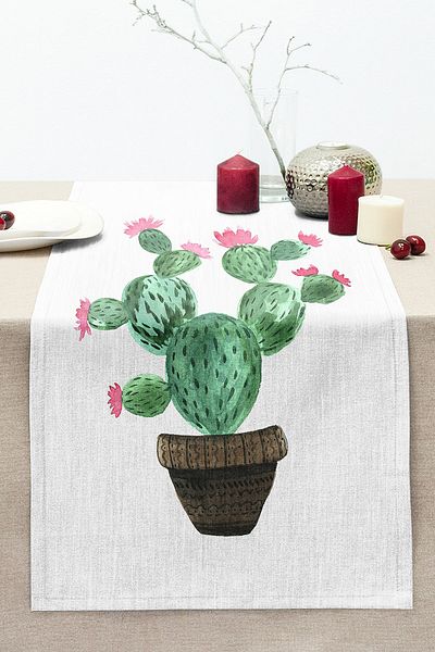 Realhomes Digital Printed Modern Stitched Raschel Knitted Runner with Cactus Pattern on White Background