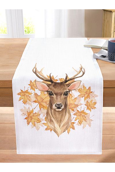 Realhomes Gold Leaf Detailed Deer Design Digital Printed Decorative Stitched Raschel Knitted Runner