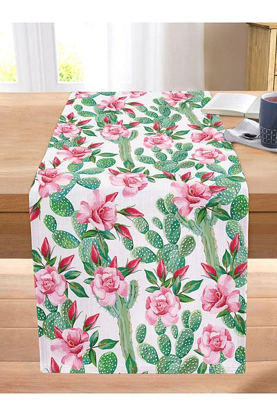 Realhomes Digital Printed Modern Stitched Raschel Knitted Runner with Colorful Cactus Pattern on White Background