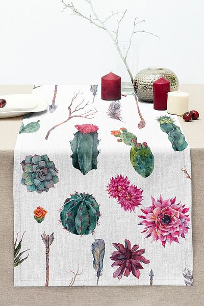Realhomes Feather Motif Desert Plant Patterned Modern Digital Printed Stitched Raschel Knitted Runner