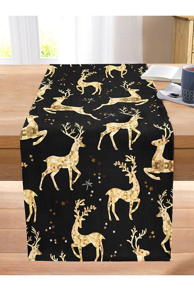 Realhomes Gold Detailed Deers Patterned Modern Stitched Raschel Knitted Runner