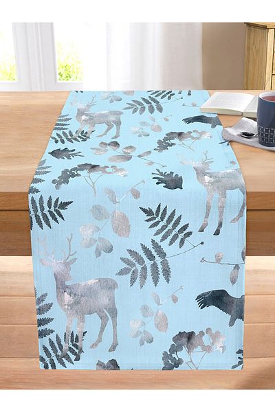 Realhomes Deer and Leaf Patterned Decorative Stitched Raschel Knitted Runner with Blue Background