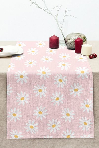 Realhomes Pink Background Daisy Design Digital Printed Decorative Stitched Raschel Knitted Runner