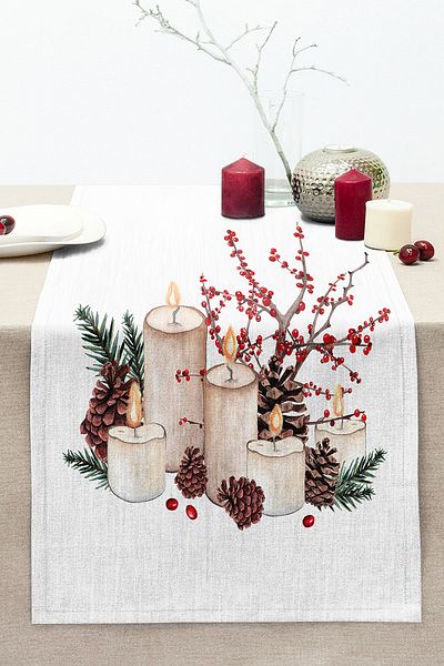 Realhomes Christmas Themed Digital Printed Decorative Stitched Raschel Knitted Runner with Candle & Cone Design