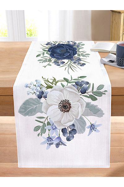 Realhomes Pastel Blue Rose Patterned Digital Printed Decorative Stitched Raschel Knitted Runner