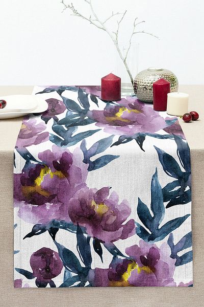 Realhomes Purple Watercolor Motif Rose Design Modern Stitched Raschel Knitted Runner
