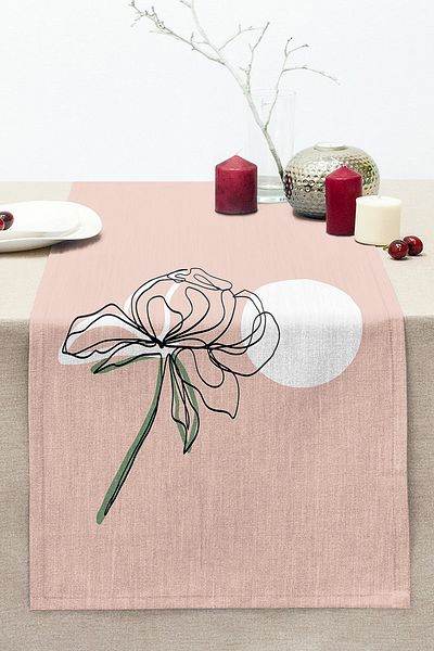 Realhomes Modern Stitched Raschel Knitted Runner with Pink Background Oneline Rose Drawing
