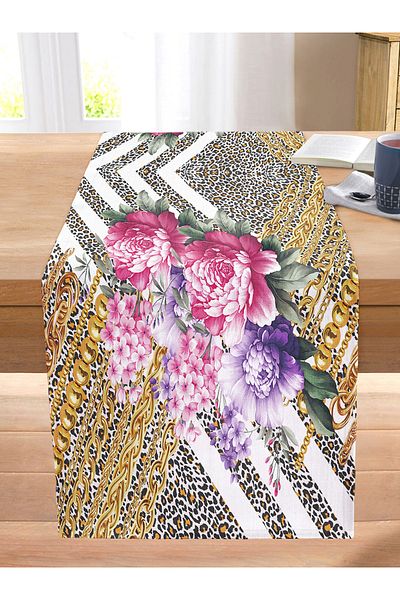 Realhomes Gold Chain and Flowers on Leopard Floor Special Design Digital Printed Modern Stitched Raschel Runner