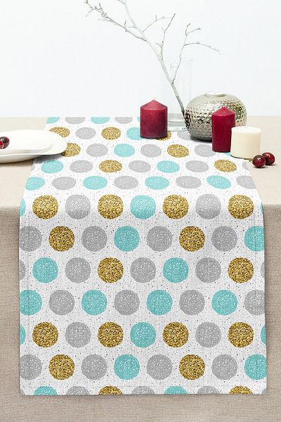 Realhomes Gold Detailed Colorful Polka Dot Patterned Digital Printed Modern Stitched Raschel Knitted Runner on White Background
