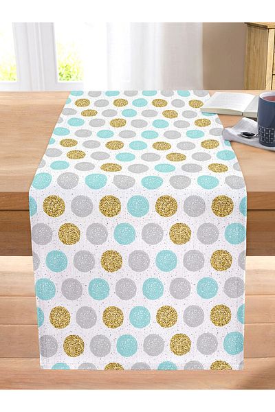 Realhomes Gold Detailed Colorful Polka Dot Patterned Digital Printed Modern Stitched Raschel Knitted Runner on White Background