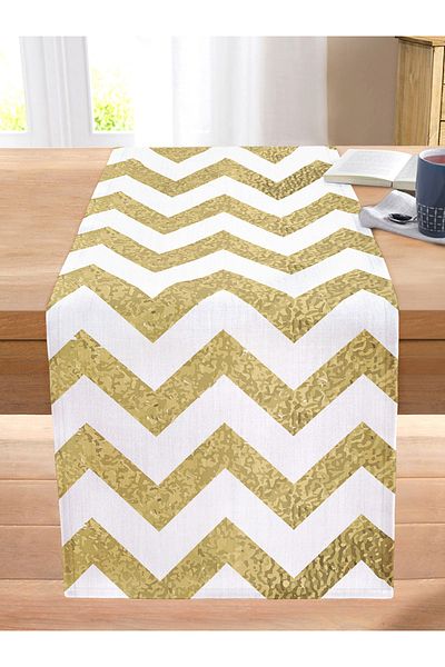 Realhomes Zigzag Gold Embossed Patterned Modern Design Stitched Raschel Knitted Runner