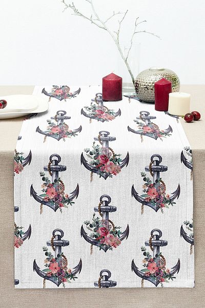 Realhomes Digital Printed Modern Stitched Raschel Knitted Runner with White Background Anchor Motif