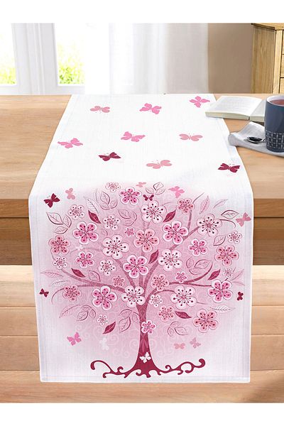 Realhomes Pink Floral Tree Themed Digital Printed Stitched Raschel Knitted Runner