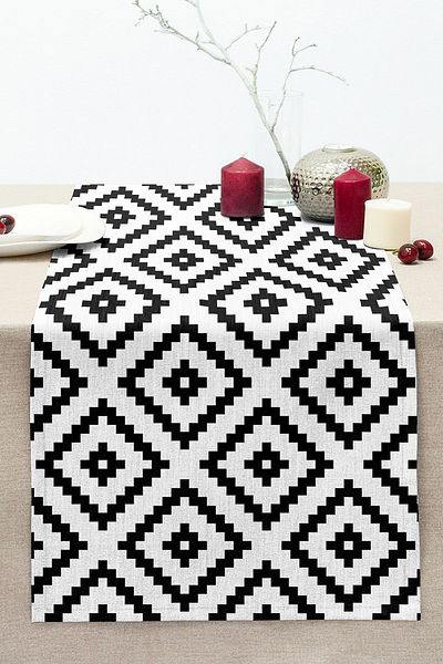 Realhomes Black Checkered Mosaic Patterned Decorative Stitched Raschel Knitted Runner on White Background