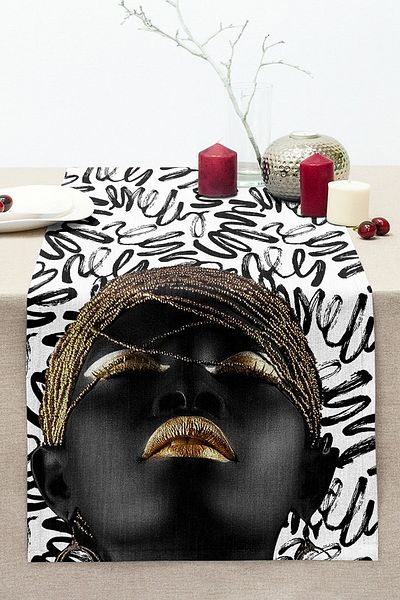Realhomes Wavy Black and White Background African Women's Motif Stitched Raschel Knitted Runner
