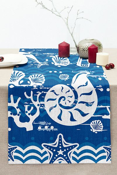 Realhomes Lighthouse Patterned Digital Printed Modern Stitched Raschel Knitted Runner with Blue Background