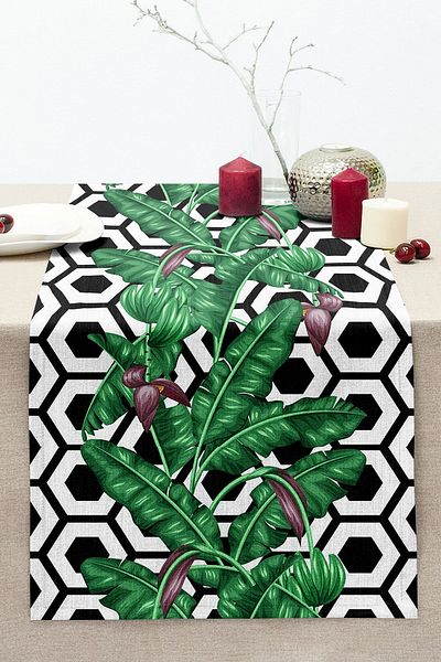 Realhomes Stitched Raschel Knitted Runner with Geometric Background and Green Tropical Leaf Design
