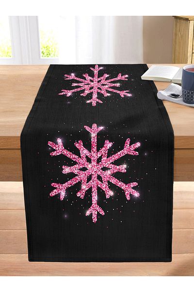 Realhomes Pink Colored Snowflake Patterned Digital Printed Modern Stitched Raschel Knitted Runner with Black Background