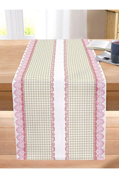 Realhomes Green Plaid Design Oriental Motif Digital Printed Stitched Raschel Knitted Runner