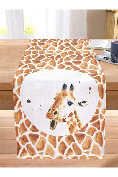 Realhomes White Background Giraffe Patterned Digital Printed Modern Stitched Raschel Knitted Runner