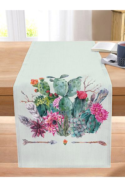 Realhomes Digital Printed Modern Stitched Raschel Knitted Runner with Arrows and Cactus Pattern on Colorful Background