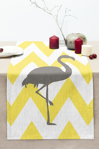 Realhomes Yellow Gray Zigzags and Flamingo Patterned Stitched Raschel Knitted Runner