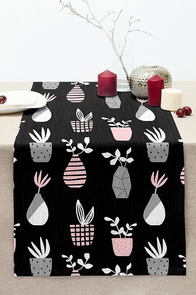 Realhomes Black Floor Vase Patterned Digital Printed Modern Stitched Raschel Knitted Runner
