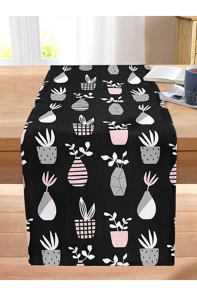 Realhomes Black Floor Vase Patterned Digital Printed Modern Stitched Raschel Knitted Runner