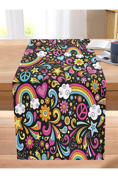 Realhomes Black Background Rainbow Patterned Digital Printed Special Design Modern Stitched Raschel Knitted Runner