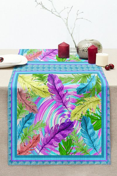 Realhomes Colorful Feathers Digital Printed Modern Stitched Raschel Knitted Runner