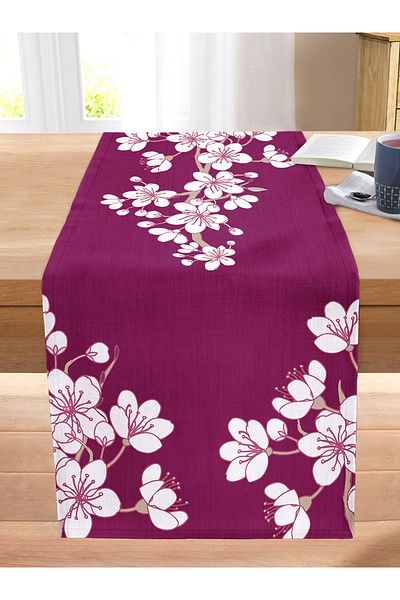 Realhomes White Colored Flower Patterned Digital Printed Modern Stitched Raschel Knitted Runner on Burgundy Background