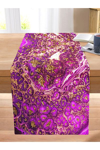 Realhomes Gold Patterned Special Design Digital Printed Modern Stitched Raschel Knitted Runner on Purple Surface