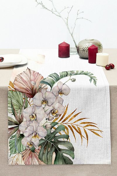 Realhomes Tropical Leaf Motif Digital Printed Decorative Stitched Raschel Knitted Runner