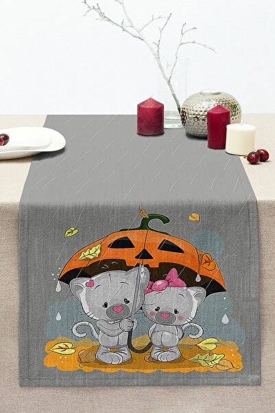 Realhomes Şemsiye Tutan Sevimli Kedi Figürlü Dijital Baskılı Modern Dikişli R...