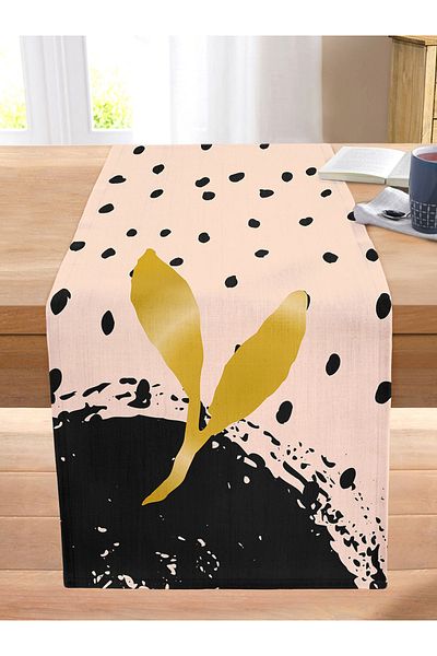 Realhomes Gold Detailed Leaf Patterned Digital Printed Modern Stitched Raschel Knitted Runner on Pastel Background